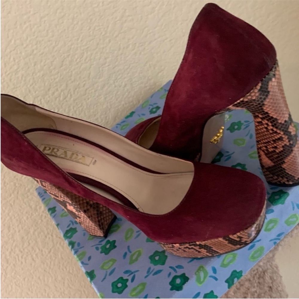 Prada Maroon Suede Heels with Snakeskin Pattern - Picture 7 of 11